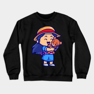 Cute Girl With Teddy Bear Doll Cartoon Crewneck Sweatshirt